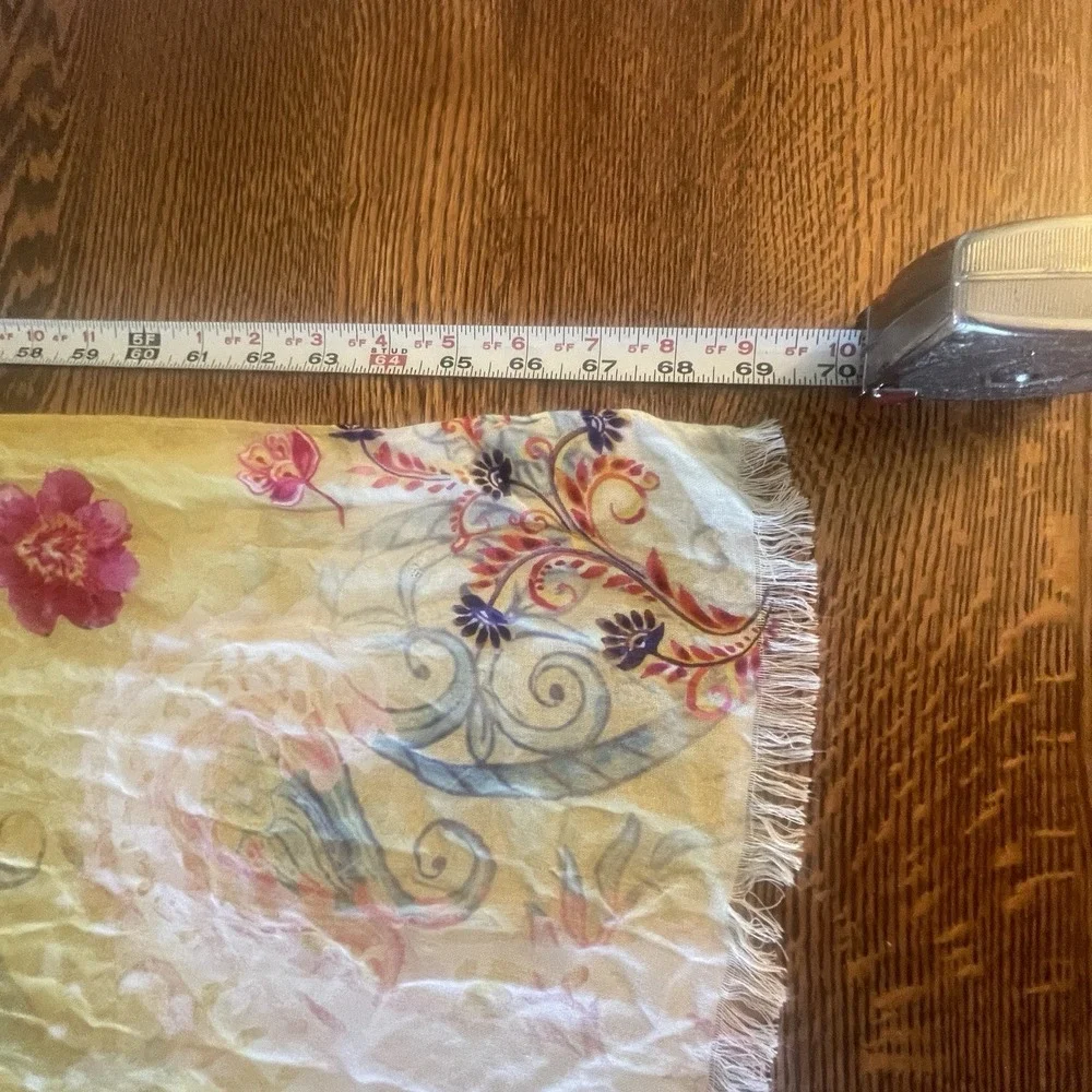 Chico's Floral Paisley Square Scarf Sheer Raw Hem Yellow Multi-Color Lightweight